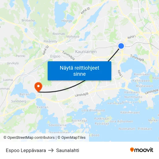 Espoo Leppävaara to Saunalahti map