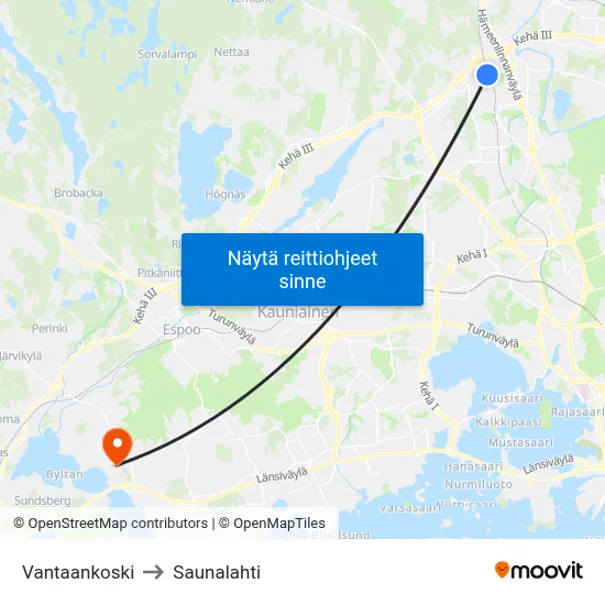 Vantaankoski to Saunalahti map