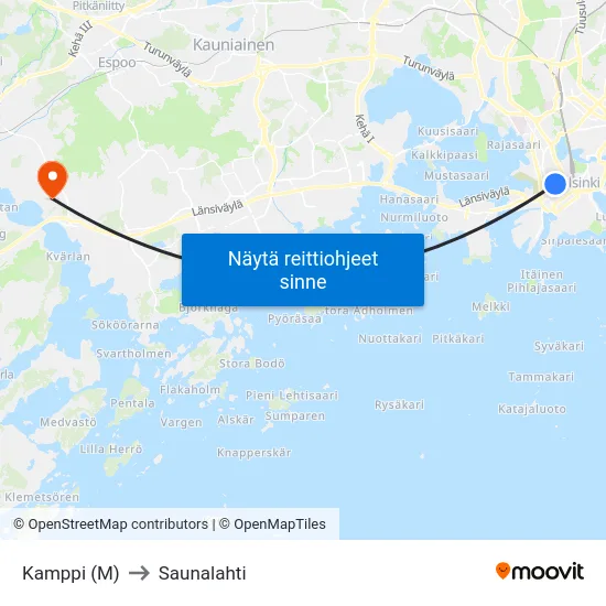 Kamppi (M) to Saunalahti map