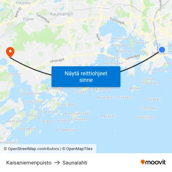 Kaisaniemenpuisto to Saunalahti map
