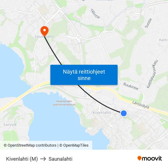 Kivenlahti (M) to Saunalahti map