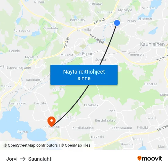 Jorvi to Saunalahti map