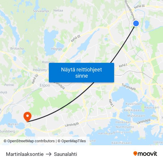 Martinlaaksontie to Saunalahti map