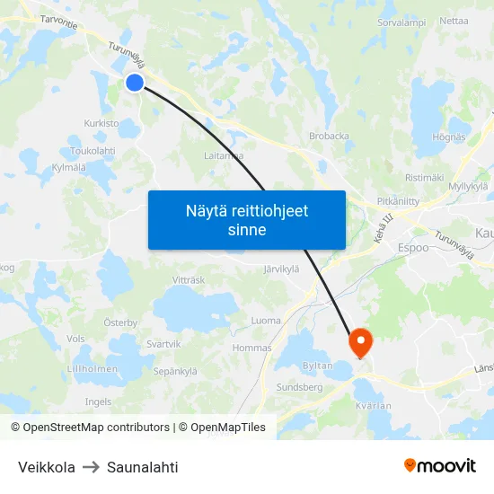 Veikkola to Saunalahti map