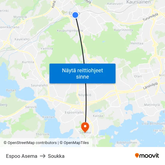 Espoo Asema to Soukka map