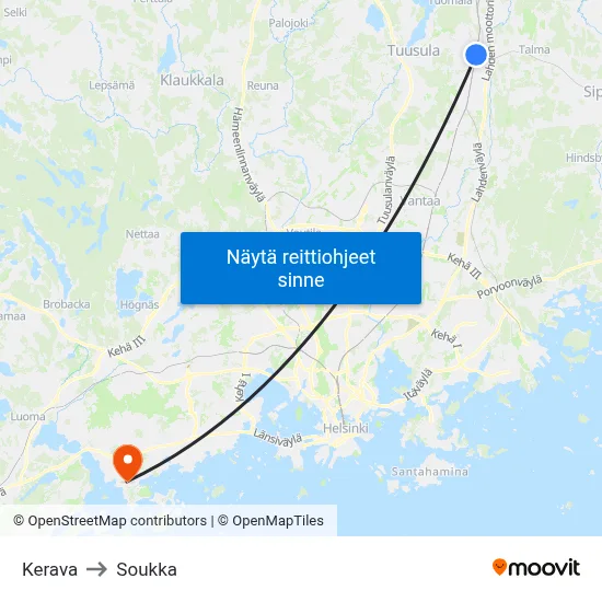 Kerava to Soukka map