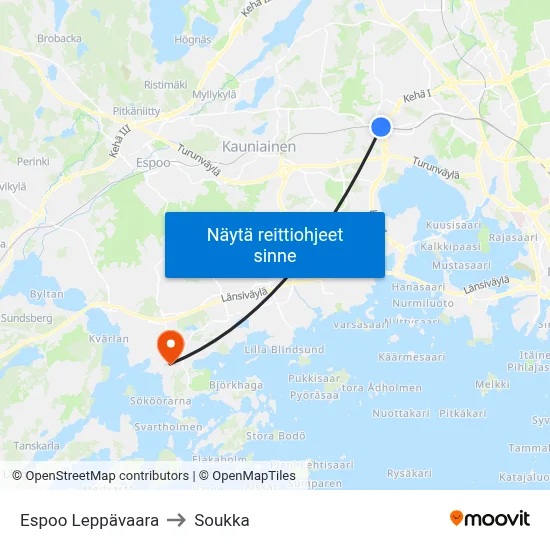 Espoo Leppävaara to Soukka map