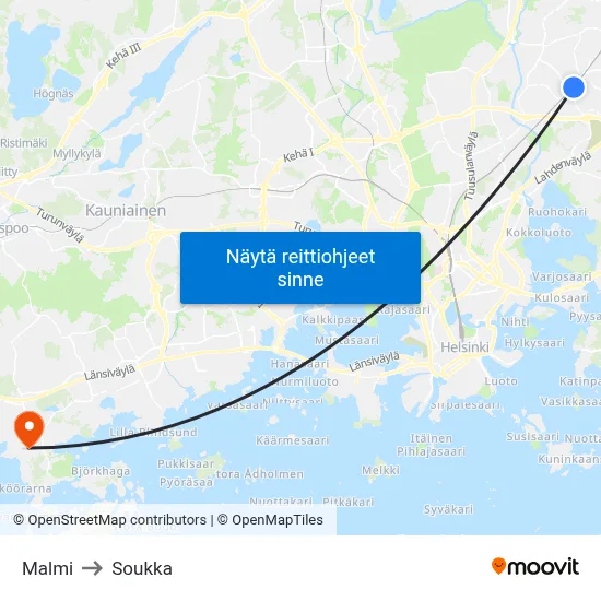 Malmi to Soukka map
