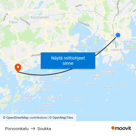 Porvoonkatu to Soukka map