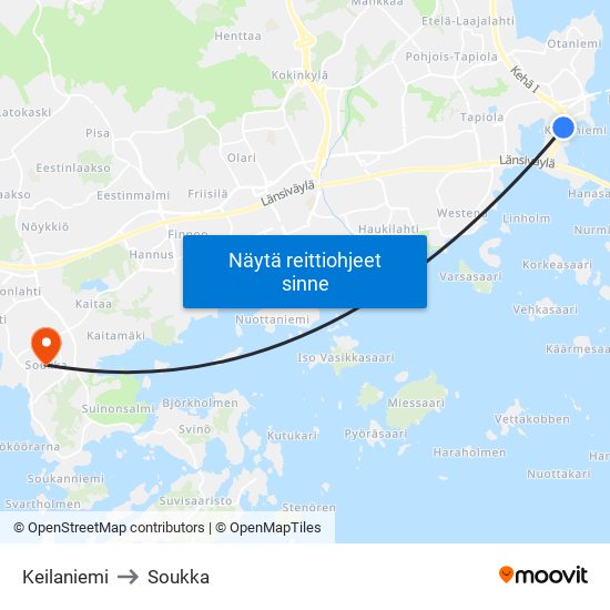 Keilaniemi to Soukka map