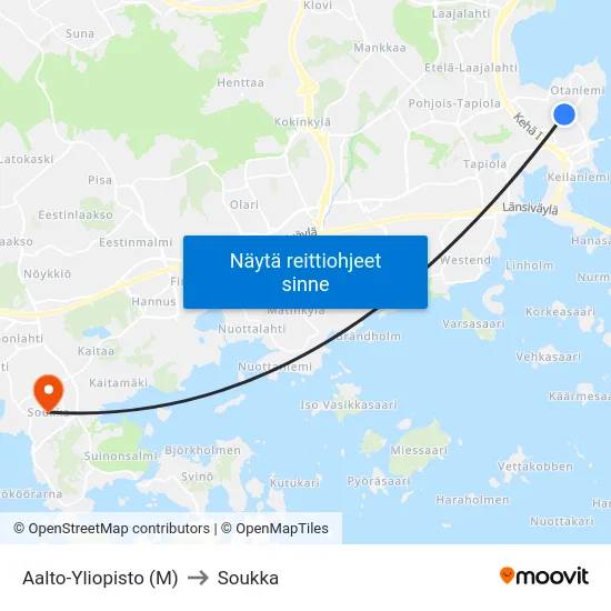 Aalto-Yliopisto (M) to Soukka map