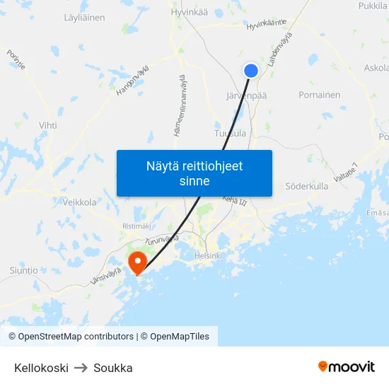 Kellokoski to Soukka map