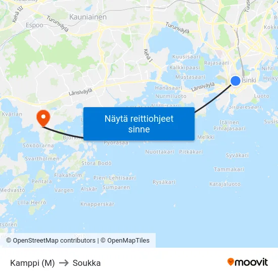 Kamppi (M) to Soukka map
