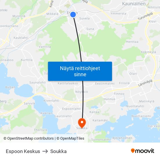 Espoon Keskus to Soukka map