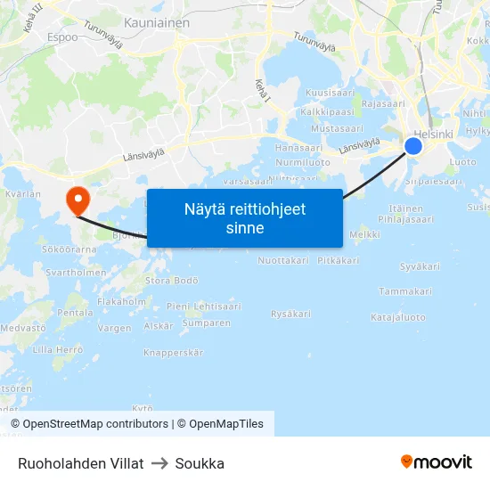 Ruoholahden Villat to Soukka map