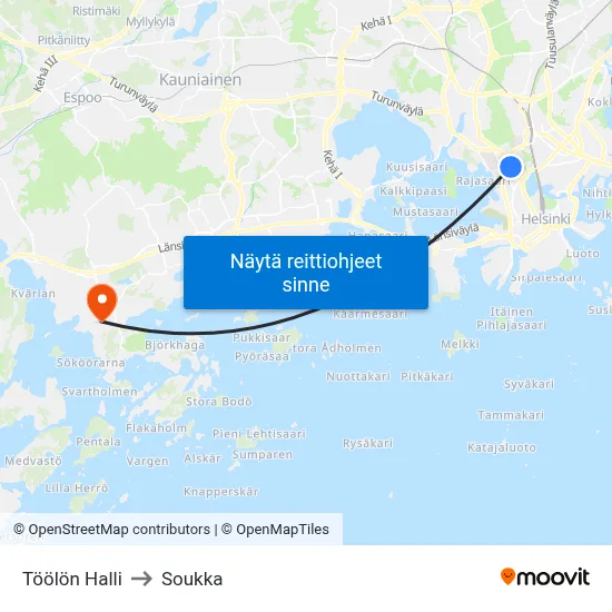 Töölön Halli to Soukka map