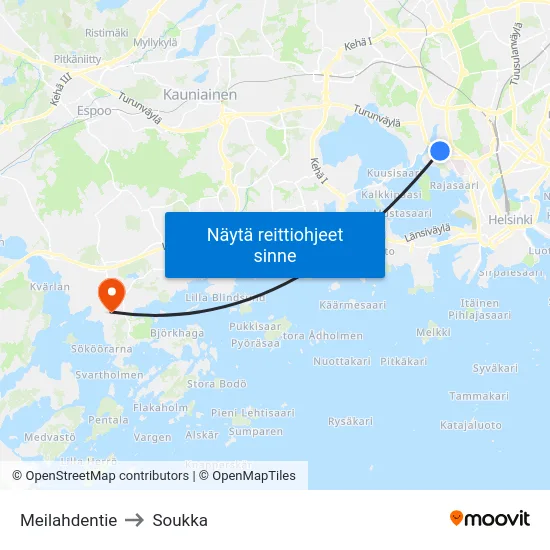 Meilahdentie to Soukka map