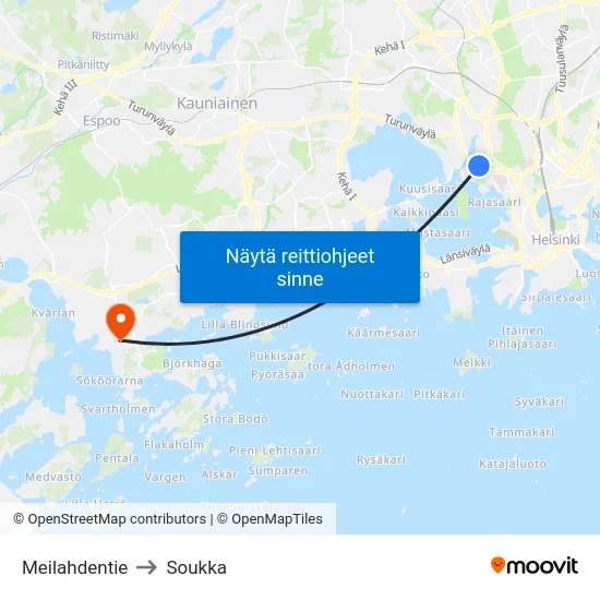Meilahdentie to Soukka map