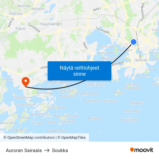 Auroran Sairaala to Soukka map