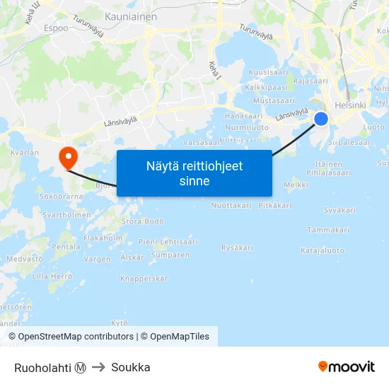 Ruoholahti Ⓜ️ to Soukka map