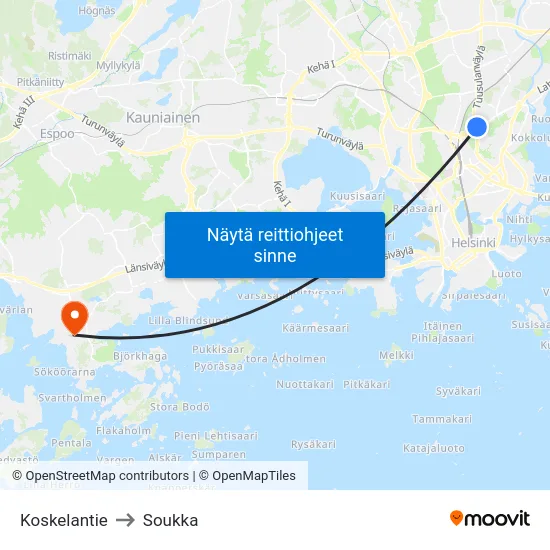 Koskelantie to Soukka map