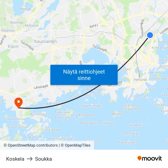Koskela to Soukka map