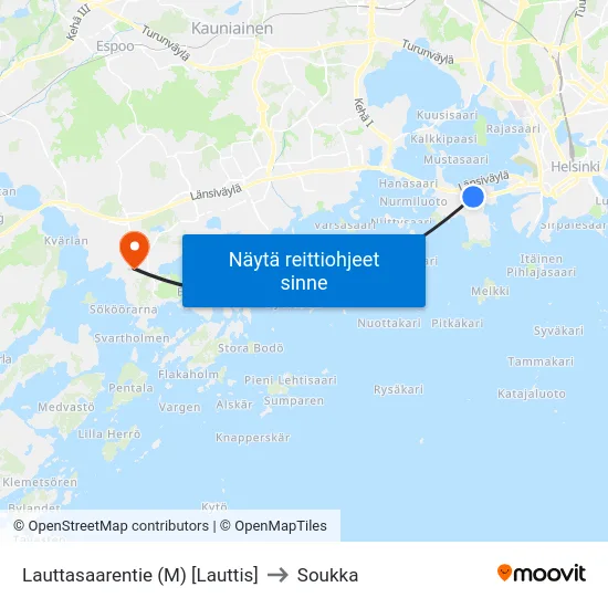 Lauttasaarentie (M) [Lauttis] to Soukka map