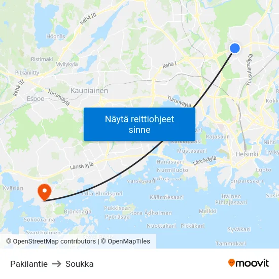 Pakilantie to Soukka map