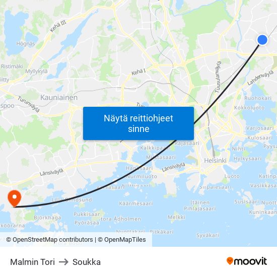 Malmin Tori to Soukka map