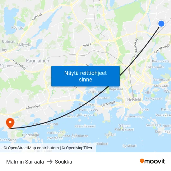 Malmin Sairaala to Soukka map