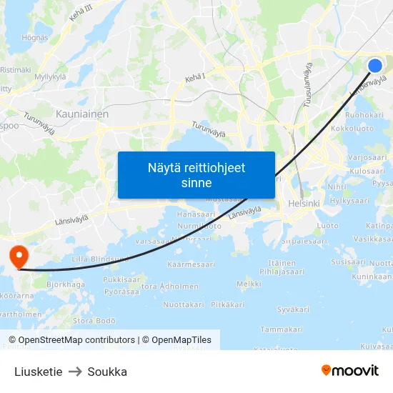 Liusketie to Soukka map