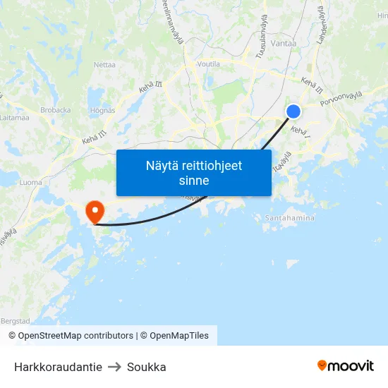 Harkkoraudantie to Soukka map