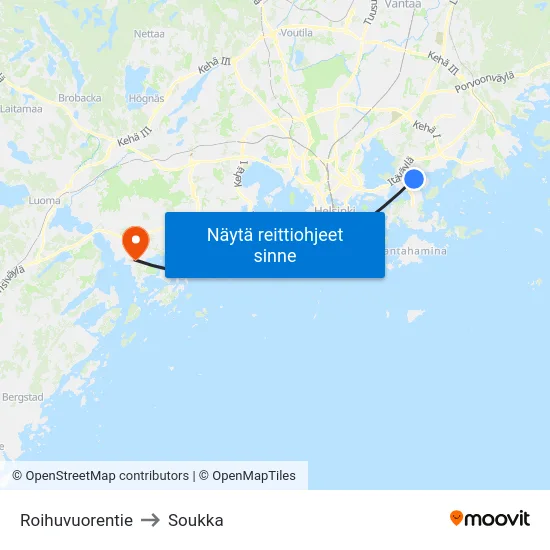 Roihuvuorentie to Soukka map