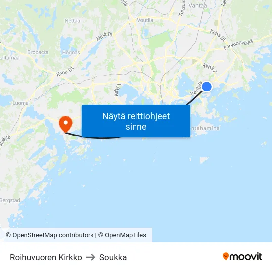 Roihuvuoren Kirkko to Soukka map