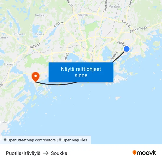 Puotila/Itäväylä to Soukka map