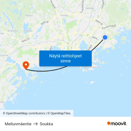 Mellunmäentie to Soukka map