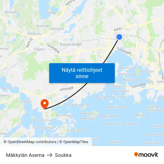 Mäkkylän Asema to Soukka map