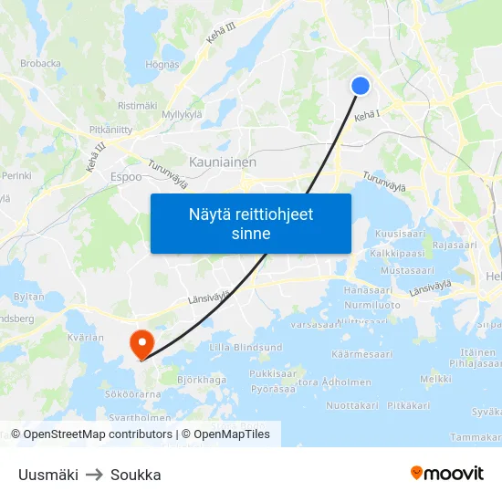 Uusmäki to Soukka map