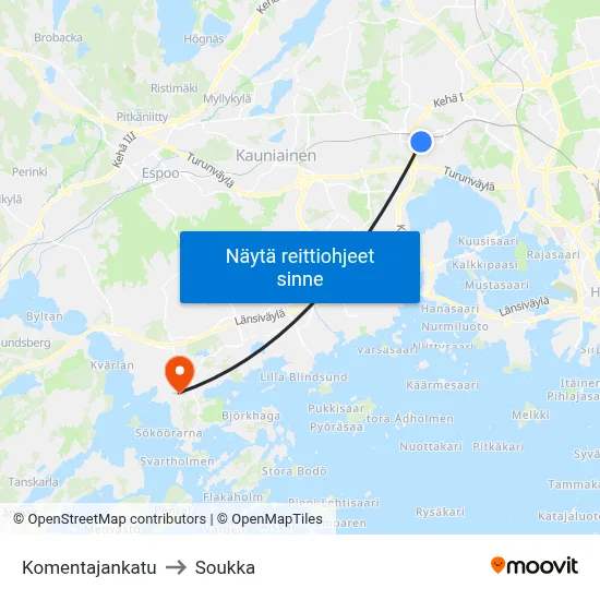 Komentajankatu to Soukka map