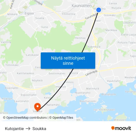 Kutojantie to Soukka map