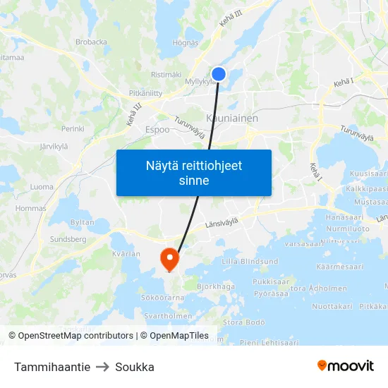 Tammihaantie to Soukka map