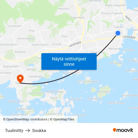 Tuuliniitty to Soukka map