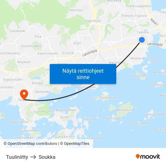 Tuuliniitty to Soukka map