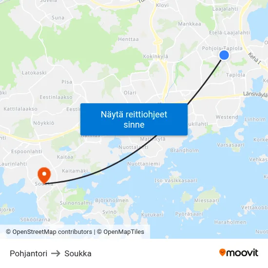 Pohjantori to Soukka map