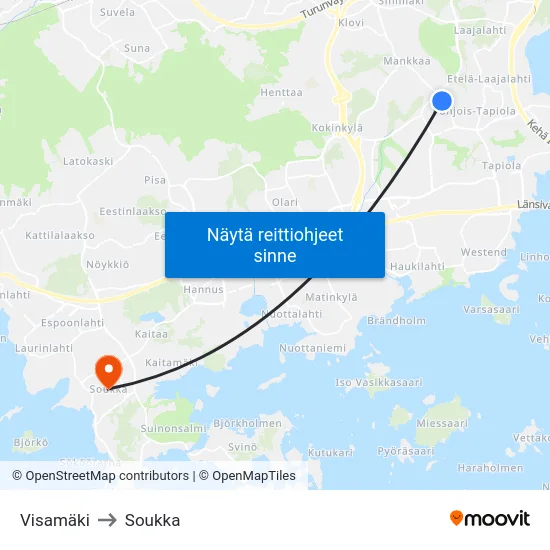 Visamäki to Soukka map