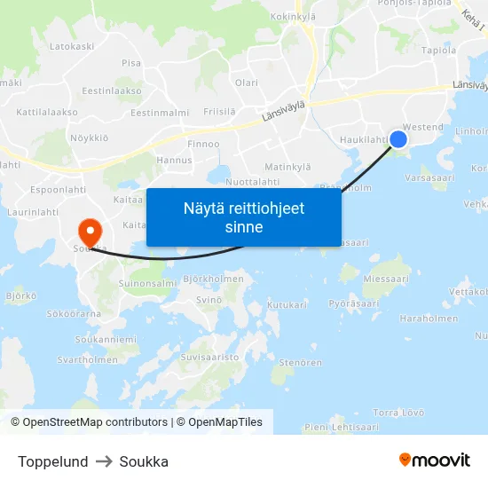 Toppelund to Soukka map