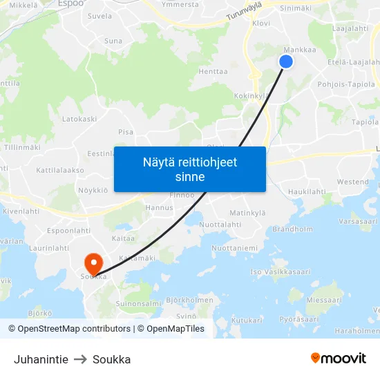 Juhanintie to Soukka map