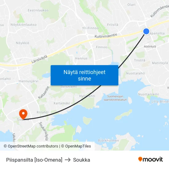 Piispansilta [Iso-Omena] to Soukka map
