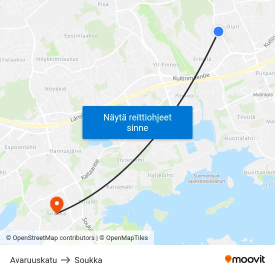 Avaruuskatu to Soukka map