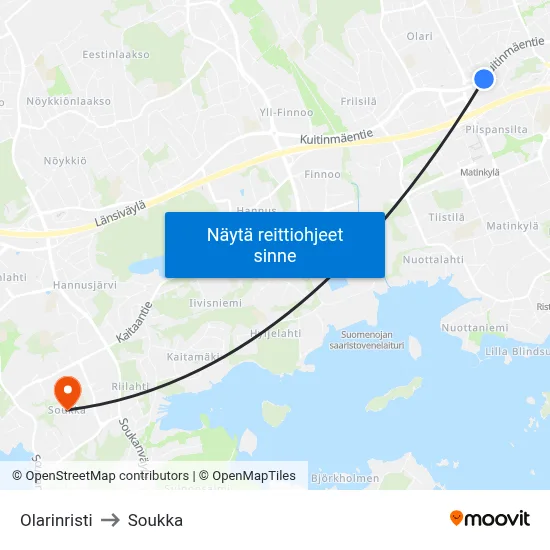 Olarinristi to Soukka map